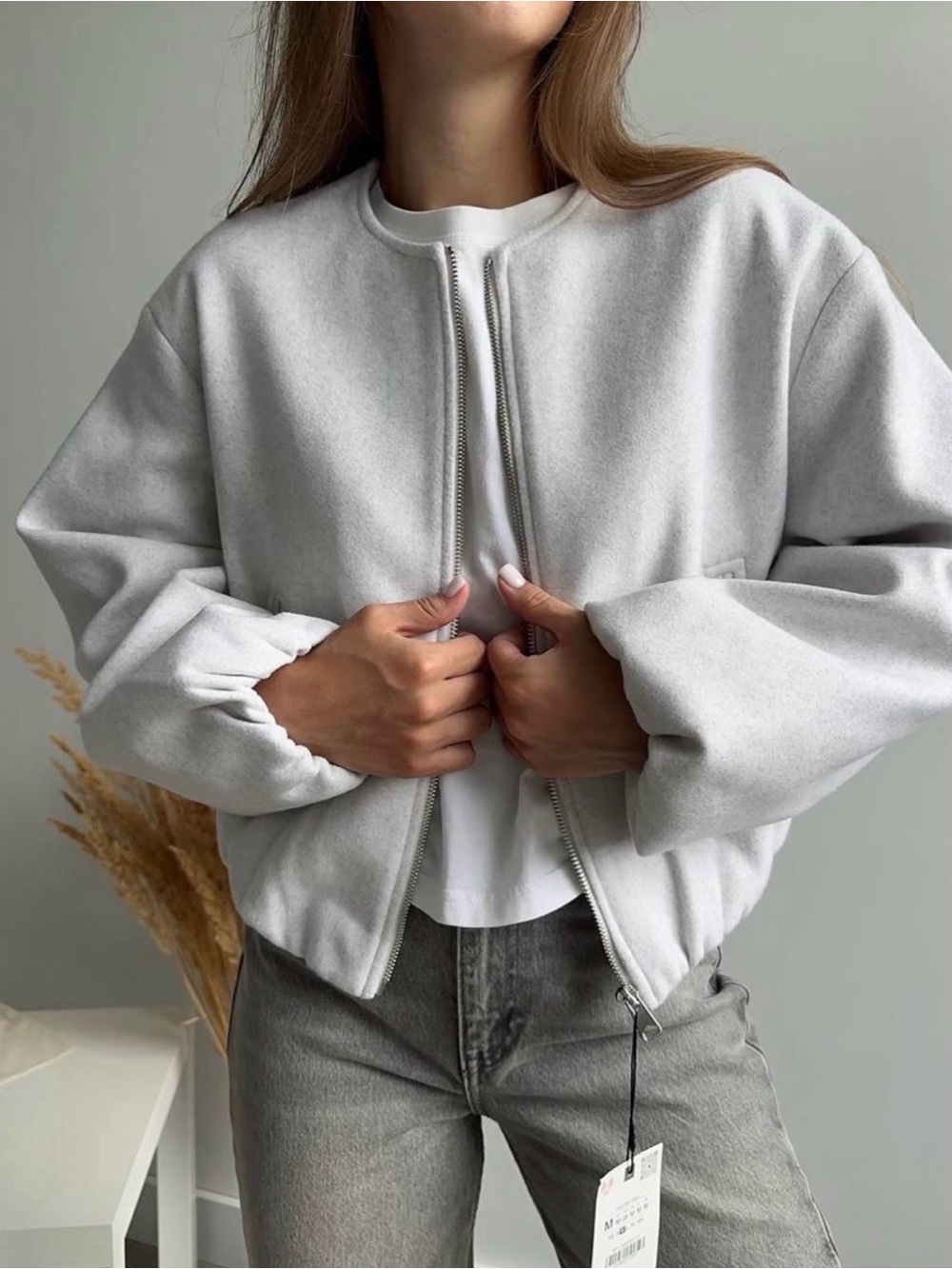 NWT Zara Soft Light Gray Women's Zip Bomber Jacket size XL.